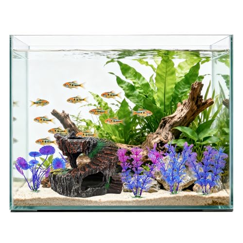Aquarium Fish Tank Decorations, Montain Ornaments Accessories Decor for Small Aquarium, Spiral Staircase x 1pc, Aquatic Plants x 4pcs