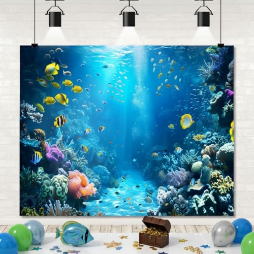 Under The Sea Backdrop 12x8ft Ocean Backdrop Underwater World Colorful Tropical Fish Coral Aquarium Deep Sea Sunlight Photography Background Birthday Under The Sea Party Decorations Photo Props - color: Blue2, size: 12x8ft