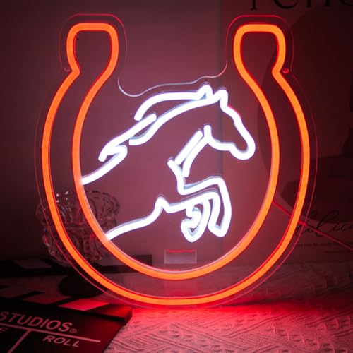 Horse Neon Sign for Wall Kentucky Derby Preakness Stakes Decoration Horseshoe Neon Light Cool Animal LED Sign for Bedroom Bar Man Cave Horse Racing Party Decor Western Cowboy Men Gifts - color: Orange White
