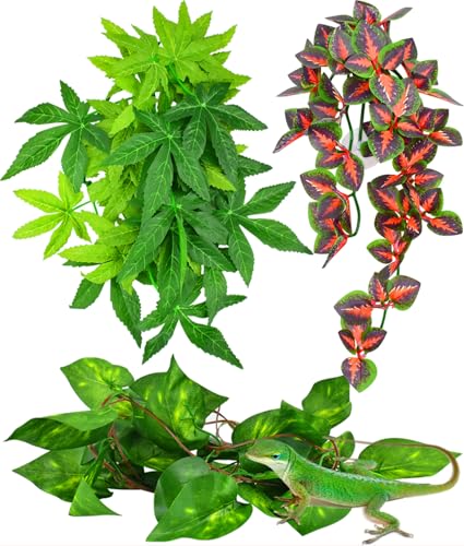 KATUMO Reptile Plants, 3 PCS Amphibian Hanging Plants with Suction Cup for Snake, Bearded Dragons, Lizards, Geckos, Toads, Hermit Crab Tank Pets Habitat Decorations - color: Green+fire Red