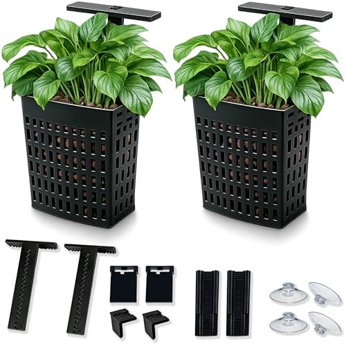 2 Pack Upgraded Adjustable Aquarium Plant Holder, Top Hanging Design Fish Tank Plant Holder, Adjustable Width Height, Fits Tank Edges up to 2.3 in, for Aquaponic Plants and Aquascape Decoration, Black