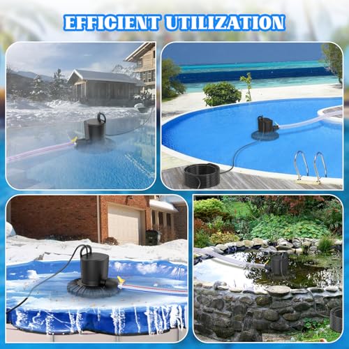 Pool Cover Pump, 3000L/H Automatic On Off Swimming Pool Cover Pump with 2 Garden Hose Adapters, 23ft Drainage Hose, and 49ft Power Cord, Submersible Water Pump for Pool, Tubs, and Water Beds