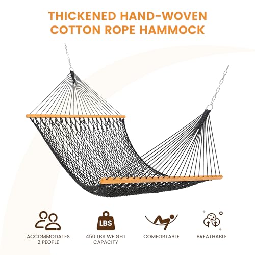 Lazy Daze Hammocks Double Rope Hammock, 2 Person Traditional Outdoor Hand Woven Cotton Rope Hammock with Spreader Bar, Carabiners, Tree Straps, Chains for Patio Yard - Max 450 Lbs, Dark Grey - color: Dark Grey