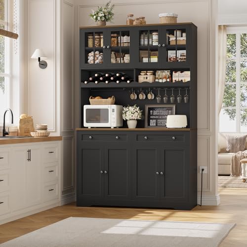HOSTACK 75.4" Tall Kitchen Pantry Cabinet with Charging Station, Modern White Kitchen Hutch with Microwave Stand and Wine Rack, Large Food Pantry Storage Cabinet with Glass Doors and Drawers, Black - color: Black