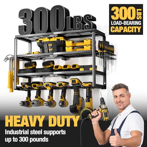 YYR 4 Layer Power Tool Organizer Wall Mount, Cordless Drill Hanger Storage Rack, Battery Tools Holder with Charging Station Shelf for Garage Organization, Workshop, Pegboard, Shed - 24 Inch 6 Slots - size: 24 Inch 6 Drills Holder