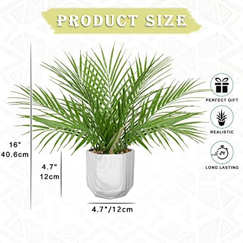 Hollyone Large Artificial Potted Plants Fake Palm Plants 16" Faux Green Plant Plastic Tropical Palm Tree in Marble Ceramic Pots Bohemian for Home Room Office House Indoor Decoration - color: 16" Palm Potted-9