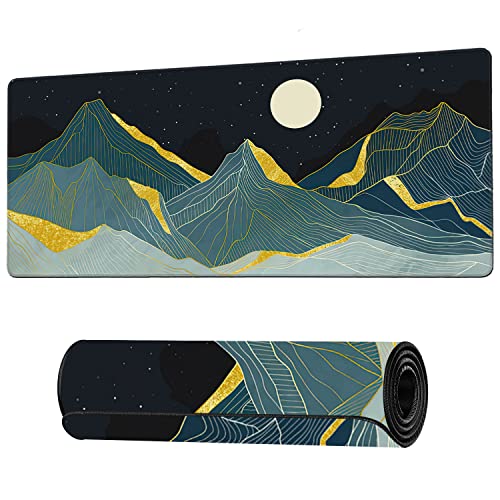 Golden Line Art Mountain at Night Large Mouse Pad Extended Gaming Mouse Pad Waterproof Desk Mat with Stitched Edge,Non Slip Base Keyboard Mouse pad for Home Office 35.4" X 15.7" - color: Golden Line Art Mountain at Night