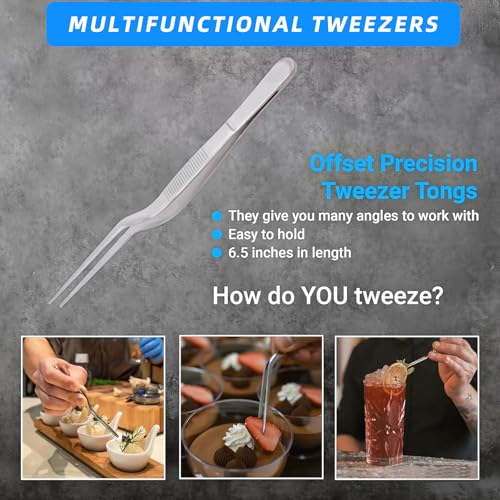 3-Pack Stainless Steel Tweezers - 6.3‘’ Curved Serrated Tip Precision Tongs for Gardening, Kitchen, Food Design, Decorating & Crafts - Multi-Purpose Tool for Bar, Lab, DIY & Professional Use