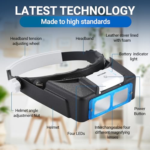 YOCTOSUN Magnifying Glasses with Light for Close Work, Rechargeable Headband Magnifier with 4 Lenses 1.5X-3.5X, Hands Free Head Magnifying Visor for Hobby, Jewelers, Reading, Crafts - color: White and Black
