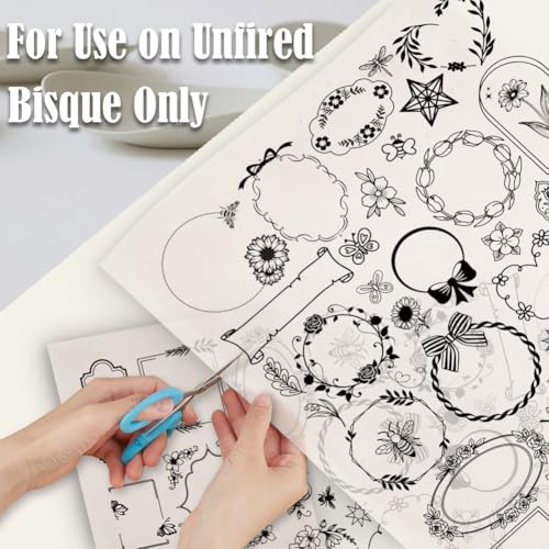 SUPERDANT 4PCS Border Underglaze Paper Transfer Flowers Wreath Transfer Papers for Clay Ceramic Porcelain Under Glaze Transfers for Pottery Enamel Decals Black Underglaze Decal Handcrafted Gifts - style: Flowers Border