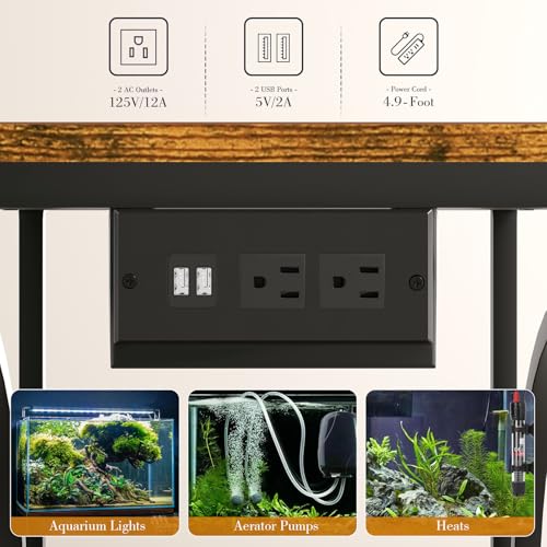 HavenlyYouth 20-29 Gallon Aquarium Stand with Power Outlet, 3 Tier Heavy Duty Metal Fish Tank Stand with Storage Shelf, Fish Tank Table for Home Office, 31.5" L x 15.7" W x 31.2" H, Rustic Brown - size: 20-29 Gallon