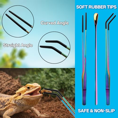 10.6" Colorful Reptile Feeding Tweezers Set with Spoon(3 Pack) | Terrarium & Aquarium Essential Feeding Tools,Appropriate Length,Stainless Steel,Straight & Curved,Soft Rubber Tips