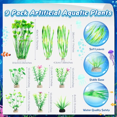 15 Pcs Fish Tank Decorations Mountain Ornament Broken Barrel Sunken Ship Artificial Seaweed Water Plants Colorful Coral Reef for Fish Bowl Aquarium Decor (Green) - color: Green