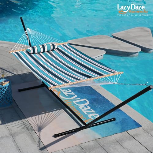 Lazy Daze Hammocks 12 FT Sunbrella Fabric Hammock Non-Fading with Spreader Bars and Free Pillow Fits for 2 Persons, All Weather and Fade Resistant for Patio Yard, 450 lbs Capacity, Token Surfside - color: Token Surfside