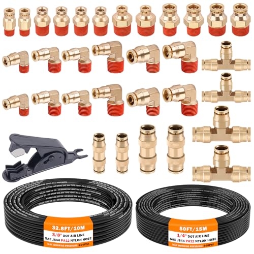 CheeMuii 32 Pcs Brass DOT Air Line Fittings With 50 FT 1/4" and 32.8 FT 3/8" DOT Air Lines Kit 3/8" 1/2" NPT Thread & Quick Connect Fittings for Semi Truck Trailer or Industrial Air System - size: 2ROLL-35PCS