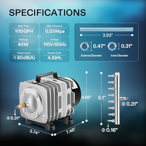 VIVOSUN Commercial Air Pump 1110 GPH 8 Outlet 40W 70L/min for Aquarium and Hydroponic Systems - style: 40W-1100GPH