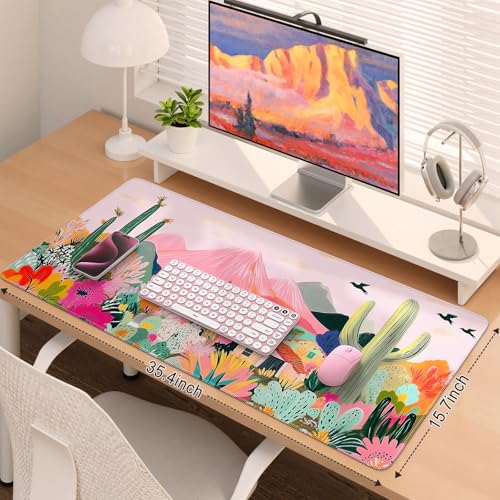 iCasso Large Gaming Mouse Pad (35"x16") - Waterproof Desk Mat with Non-Slip Rubber Base & Stitched Edges - Extended Keyboard Mousepad for Computer, PC, Office, Home Workspace (Cactus) - color: A-cactus