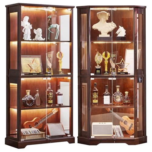 LELELINKY Farmhouse Glass Display Cabinet Set of 2 with Doors, Corner Curio Cabinet for Collectibles, Wooden Display Cabinets for Home, Office, Living Room, Corner, Walnut - color: Walnut, size: Set B