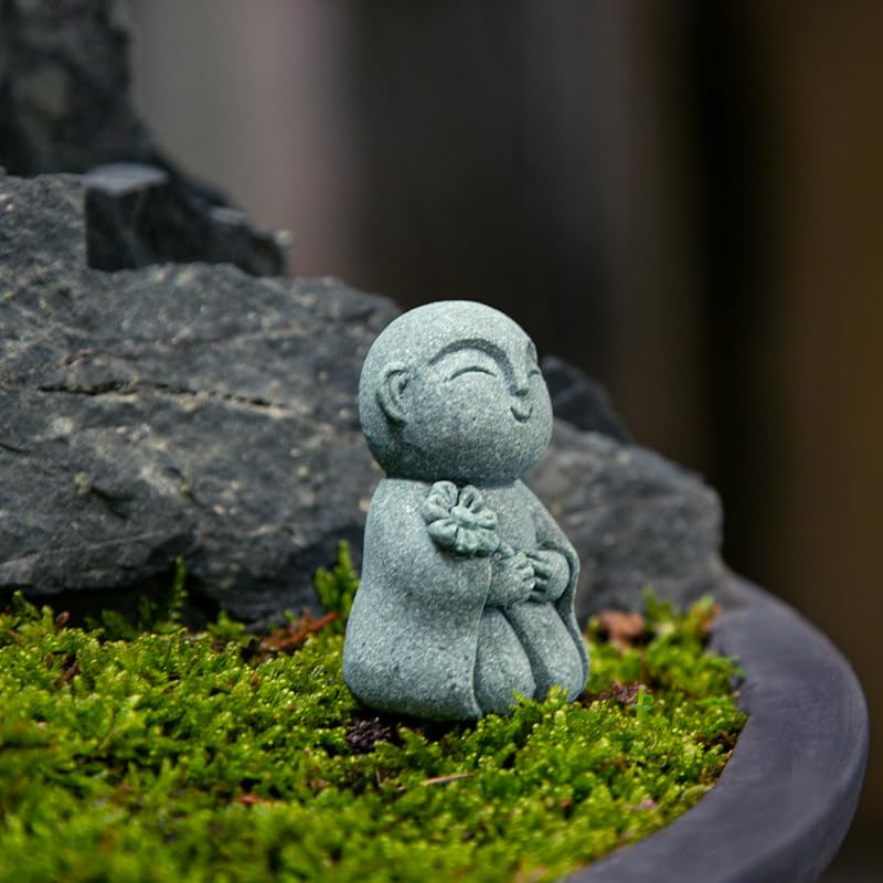livelyfish Japanese Buddha Figurines Bosatsu Feng Shui Praying Monk Statue Sandstone Happy/Smiling Miniature Figurine Ornament for Fish Tank Aquarium Home Garden Decoration, 2 - size: 2
