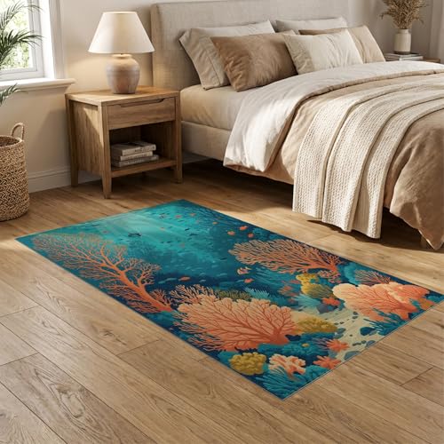 5'x7' Washable Contemporary Botanical Area Rug, Orange Flatwoven Floor Covering Non-Slip Chair-Friendly Carpet for Dining Room, Under Table, Home Office | Ref:1993995 - color: Blue/Pattern 42, size: 5' x 7' (Rectangular)