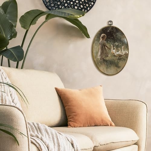 XFCICRLJ Vintage Farmhouse Wall Art Decor, Rustic Cottagecore Oval Canvas Prints Framed, Countryside Goose with Farm Girl Wall Art Decorations for Home Bedroom Living Room Decor, 11x8.5 Inch - color: Swan02