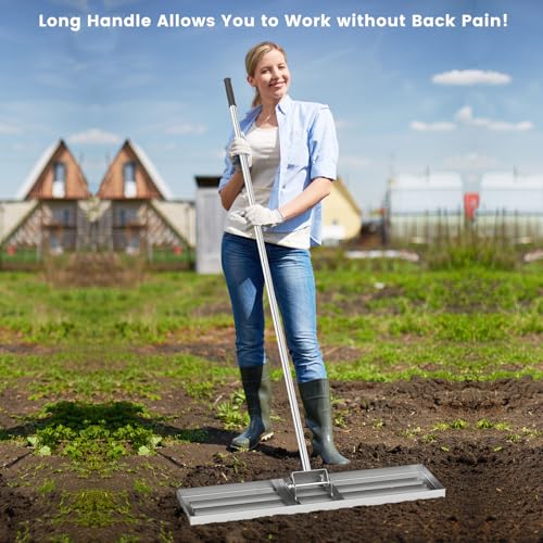Goplus Lawn Leveling Rake, 36" x 10" Heavy Duty Level Lawn Tool w/ Ergonomic Handle for Soil, Effort-Saving Landscape Rake for Garden, Backyard, Golf Course, Farm, Pasture, Silver - style: 36" x 10", Silver