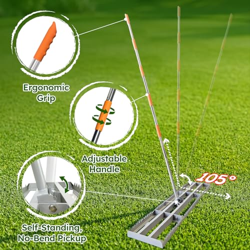 Lawn Leveling Rake, 2-in-1 Double-Sided Landscape Leveler with 20 Marking Flags for Low Spot, 48"×10” Heavy Duty Stainless Steel Flat & Serrated Side for Soil Sand Gravel, Yard Garden Golf Course - style: 48"×10”