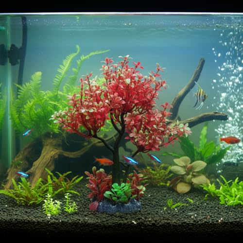 Mipukbay Aquarium Plants Tree - Red & Green Artificial Plastic Fish Tank Decor, Realistic Ornament Safe for Fish & Shrimp, Low-Maintenance Aquascaping Plants for Freshwater/Saltwater Tank Landscaping - color: Red & Green