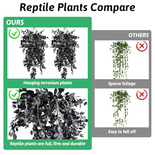 Reptile Plants, 2 Pack Hanging Terrarium Plants, Artificial Leaves Habitat Decorations with Suction Cup, Fake Amphibian Plants for Bearded Dragon Lizard Hermit Crab Geckos Chameleon(Black) - size: 2 PCS