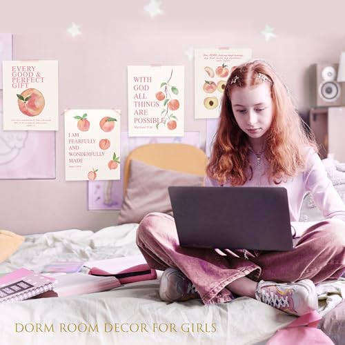 LARTSFRO Coquette Pink Peach Fruits Wall Art Decor Posters, Cute Pink Peach Christian Room Bathroom Bedroom Dorm Wall Art Decor Aesthetic for College Teen Girls Gifts, Inspirational Bible Verses Wall Decor, 10x8 Inch Set of 4 Pcs Fruits Pictures (UNFRAMED