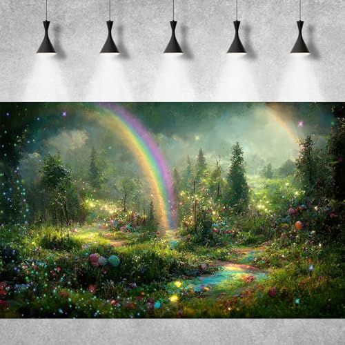 Fantasy Forest Aquarium Background Rainbow Colorful Flowers Terrarium Background Jungle Plants Foggy Misty Rainforest Fish Tank Background Mysterious Forest Reptile Habitat Background Vinyl 24x12in - color: Green Purple, size: 24(W)x12(H)in