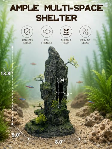 Aquarium Decor - Tall and Large Mountain Rock Ornament for Fish Tank, Aquarium Hideout with Rock Texture for Betta, Guppy, Shrimp - Safe Aquatic Decoration, Fish Hiding House（Black） - color: Tall Peak Rock - Black