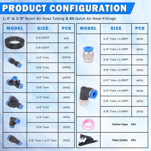90 Pcs DOT Air Line with Quick Connect Air Fittings Kit 2 Roll 100FT 1/4" and 3/8" DOT Air Lines Kit with 88 Pcs Push Lock Air Line Fittings Pneumatic Push to Connect Air Hose Fitting - size: 90 PCS-100FT 1/4+3/8