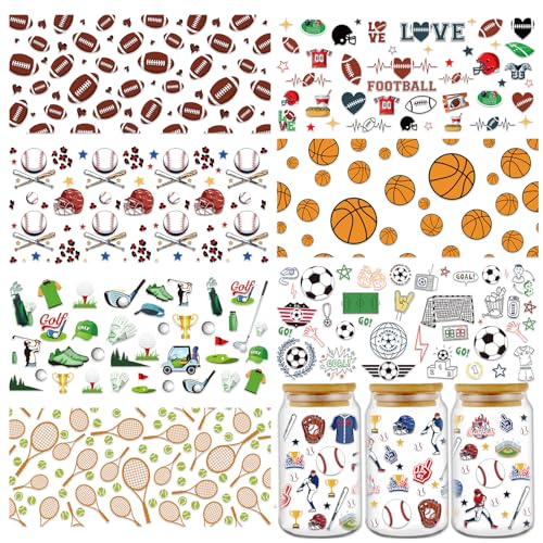 Rngmsi UV DTF Cup Wraps for 16 oz - 8 Sheets Sports UV DTF Cup Wrap, Rugby Baseball Football Basketball Uvdtf Decals, Waterproof Rub on Transfer Stickers for Glass, DIY Wood Crafts - style: Sports