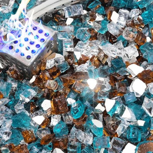NUPICK 10 Pound Fire Glass, 1/2 Inch Reflective Fire Pit Glass, Tempered Firepit Glass Rock for Propane or Natural Gas, Glass Rocks for Fire Pit Table or Fireplace, Aqua Blue & Copper & Platinum Mix - color: Aqua Blue & Copper & Platinum Mix, size: 10 Pou