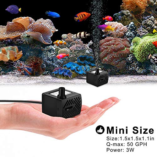 PULACO 50GPH 3W Mini Submersible Water Pump with 3.3 FT Tubing for Aquariums, Fish Tank, Pond, Fountain, Hydroponics