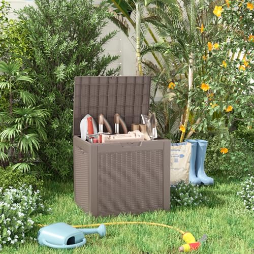 PatioZen 30 Gallon Resin Deck Box, Lockable Patio Outdoor Storage Box for Furniture, Garden Tools and Tools Storage, Waterproof Outside Storage Boxes - Grey - color: Grey, size: 30 Gallon