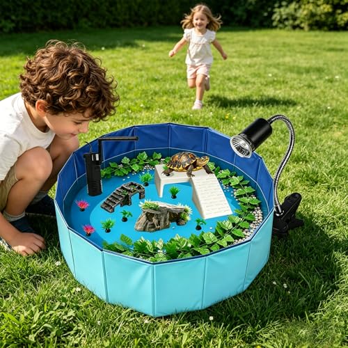 22.8 inch Large Size Turtle Tank Habitat Kit with Basking Platform, for Turtles, Crayfish, Crab, Aquatic Tortoise Enclosure Starter Aquarium, Pet Turtle Reptile Habitat - size: 22.8IN