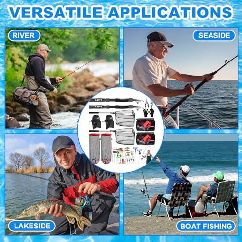 Father's Day Telescopic Fishing Rod Kit, 6.89ft/5.91ft 2 Pcs Collapsible Rod for Him with Landing Net, Tackle Bag, Gloves, Lures, Pliers, Gift for Dad for Saltwater Freshwater Fishing - size: 6.89 FT