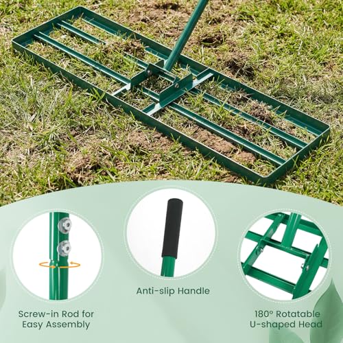 Goplus Lawn Leveling Rake, 36" x 10" Heavy Duty Level Lawn Tool w/ Ergonomic Handle for Soil, Effort-Saving Landscape Rake for Garden, Backyard, Golf Course, Farm, Pasture - style: 36" x 10", Green