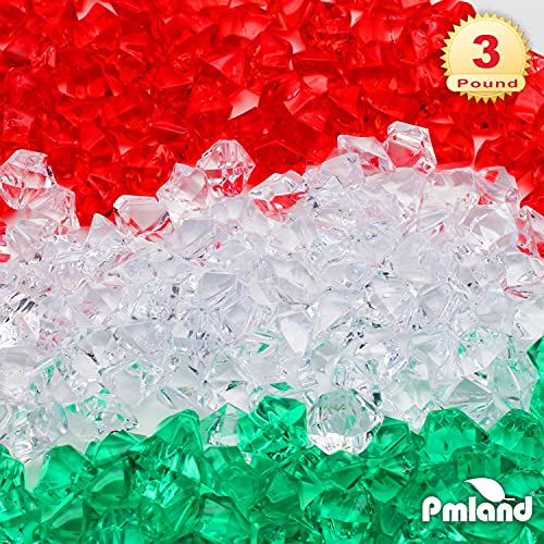 PMLAND Clear Fake Ice Rocks – 550 Pcs Large Acrylic Gems Crushed Plastic Diamonds, Green White Red (3Lbs/2.25 Quarts) – Bulk Vase Filler for Centerpieces Christmas Theme Décor Table Scatter - color: Green White and Red