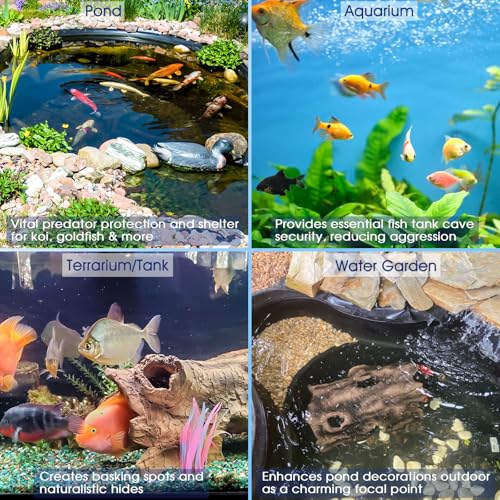 Faux Log Fish Cave, Fish Hide & Aquarium Cave for Koi Pond Decor All-Weather Predator Protection Shelter Durable Pond Decorations for Ponds, Aquariums and Terrariums
