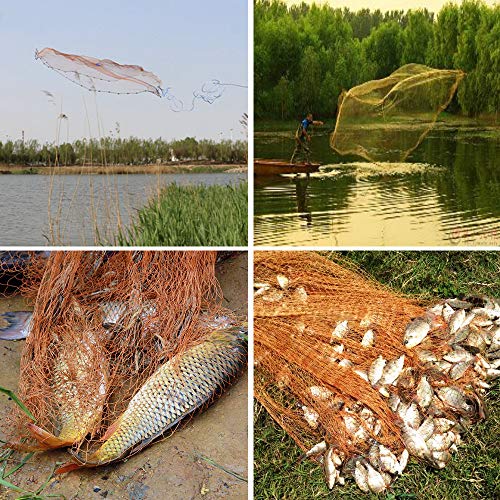Drasry Saltwater Fishing Cast Net for Bait 3/8 1/4 or 1/2 with Heavy Sinkers Fish Trap Throw Net. Size 3ft/4ft/5ft/6ft/7ft/8ft/9ft/10ft Radius Freshwater Nets - size: 6FT (180cm) Radius, style: Lead Sinkers-0.5 in Mesh-tire Lines