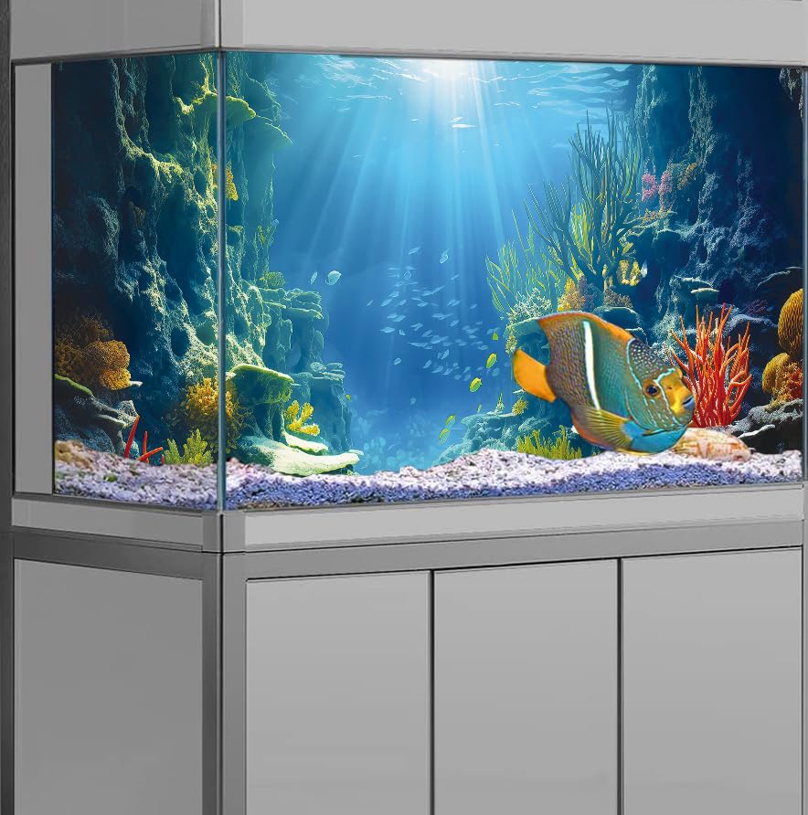 30X12IN Blue Sea Floor Aquarium Background, Natural Underwater World 3D Effect Fish Tank Decorations Background, Art Terrarium Background with 8 EVA Double-Sided Tape - color: Coral, size: 30X12in/75X30cm