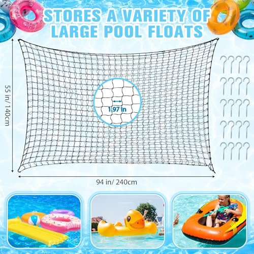 Aliceset 1/2/4 Pcs Pool Float Storage Net Bag Various Sizes Adjustable Swimming Pool Inflatable Toy Hanging Organizer Mesh Net Pouch Holder Reinforced Attaches to Poolside Fence - color: Black, size: 94 x 55"