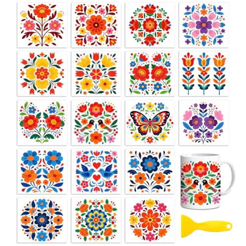 Peacoblue 18 Sheets Rub on Transfers for Crafts, Mexican Flowers 3.6"x3.9" UV DTF Cup Wraps Waterproof Cold Transfers Stickers for Wood Glass Metal Cup Tumblers Mirrors Mugs Home Decor - style: Mexican Flowers