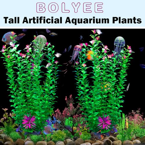 2 pcs Aquarium Decor Plants 21 Inches Extra Large Artificial Plastic Fish Tank Plants with Flowers, Tall Fish Tank Decoration for Betta Fish Tank - color: Grass Green