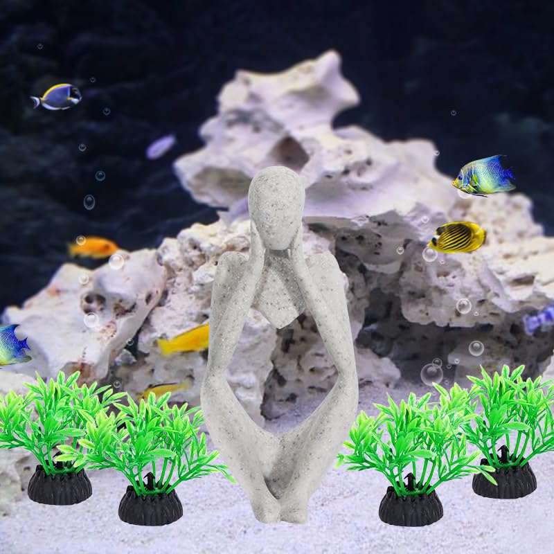 Meditation Buddha Statue Aquarium Decor with Small Plastic Grass Fish Tank Ornament for Betta, Goldfish, and Freshwater Tanks