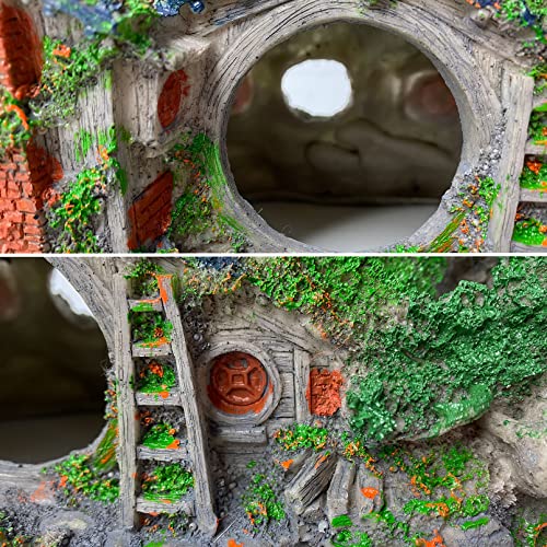 Large Aquarium Decoration Hobbit House Cave, 10.6 * 7 * 5.9 inches Resin Fish Hideout Betta Hiding Reptile Hole Shelter Snake Tank Fish Tank Ornament Rockery Landscaping