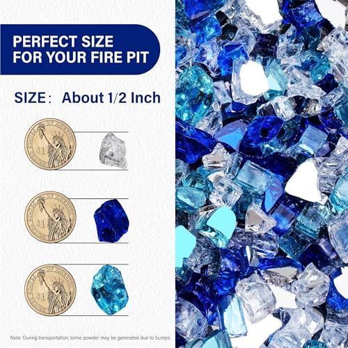 NUPICK 10 Pound Fire Glass for Fire Pit, 1/2 Inch Tempered Mixed Fire Glass in Bahama Blend for Propane Fire Pit & Gas Fireplace, Blue and White Fire Glass Rock - color: Mixed Blue&white, size: 10 Pound (1/2")